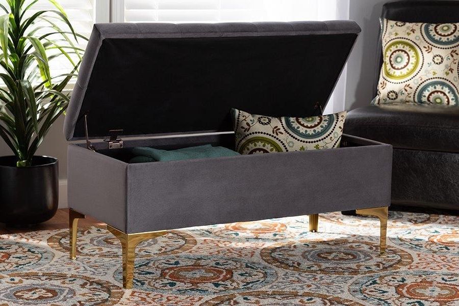 Trendy Honeycomb Silver Velvet Fabric Ottomans In Valere Glam And Luxe Grey Velvet Fabric Upholstered Gold Finished (View 7 of 10)
