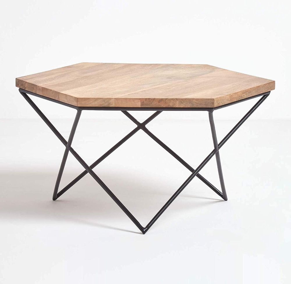 Trendy Natural Mango Wood Coffee Tables Inside Homescapes Industrial Geometric Coffee Table 78cm Wide Natural Solid (View 4 of 10)