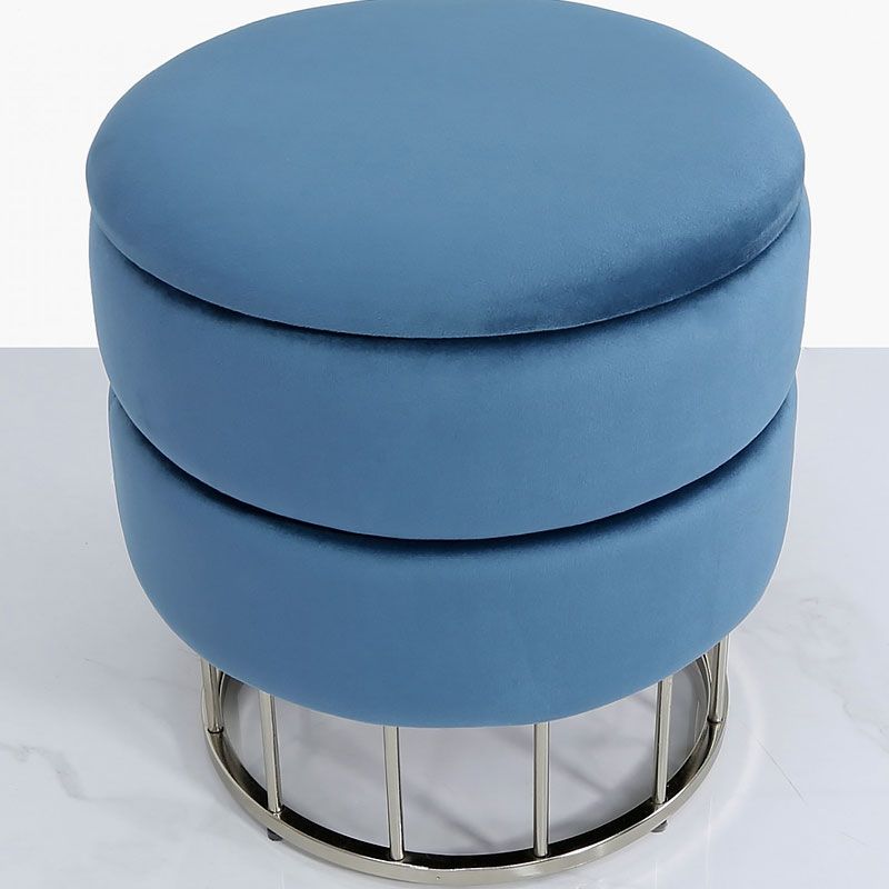 Trendy Prussian Blue Velvet And Stainless Steel Round Storage Ottoman Stool Within Velvet Ribbed Fabric Round Storage Ottomans (View 7 of 10)