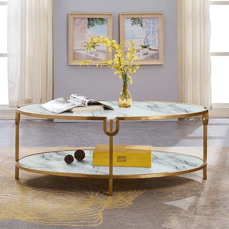 Trendy Walnut And Gold Rectangular Coffee Tables Inside Luxury Modern Stylish Gold Glass Oval Coffee Table 2 Tier Cocktail (View 7 of 10)