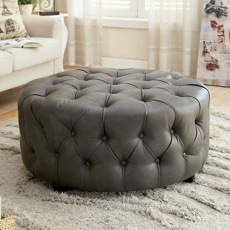 Tufted Round Leather Ottoman Large Grey Cocktail Modern (View 6 of 10)