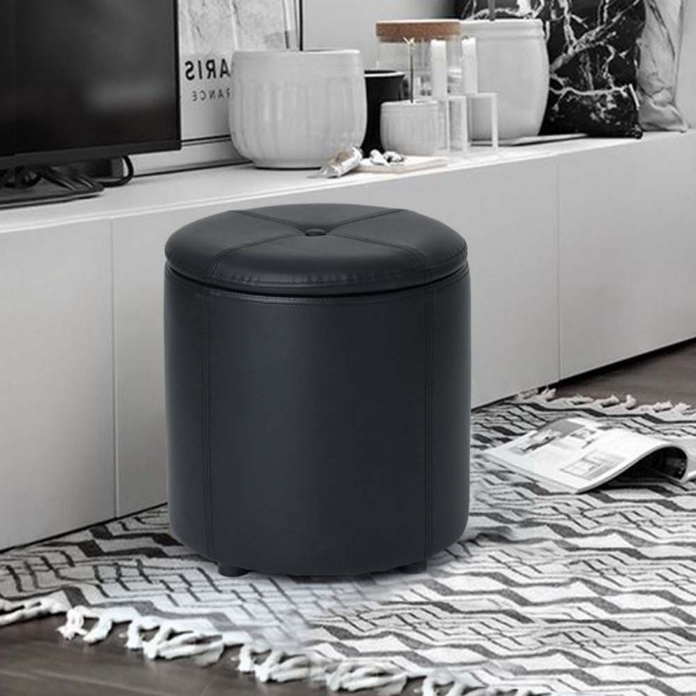 Veryke Round Storage Ottoman, Multipurpose Ottoman For Bedroom Living Throughout Current Black Leather And Gray Canvas Pouf Ottomans (View 10 of 10)