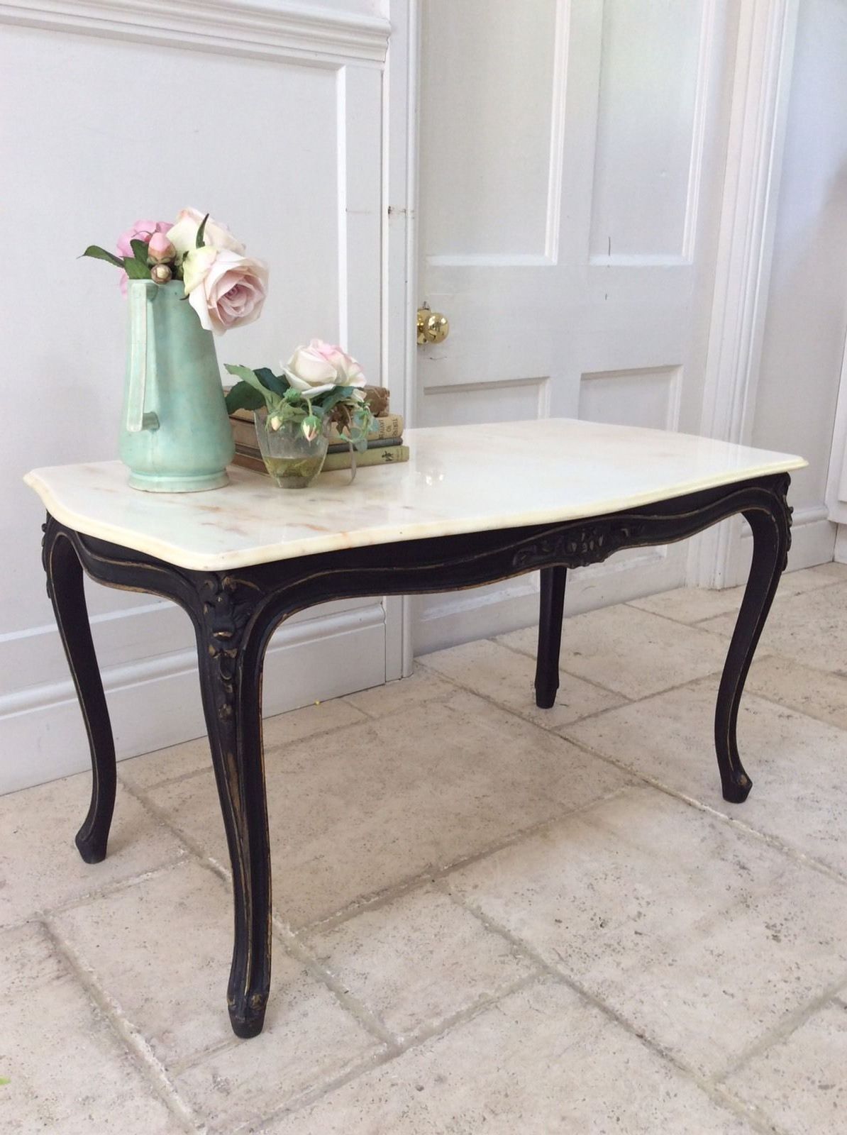 Vintage Black Gold Painted Marble Top Coffee Table French Style Within Latest Antique White Black Coffee Tables (View 6 of 10)