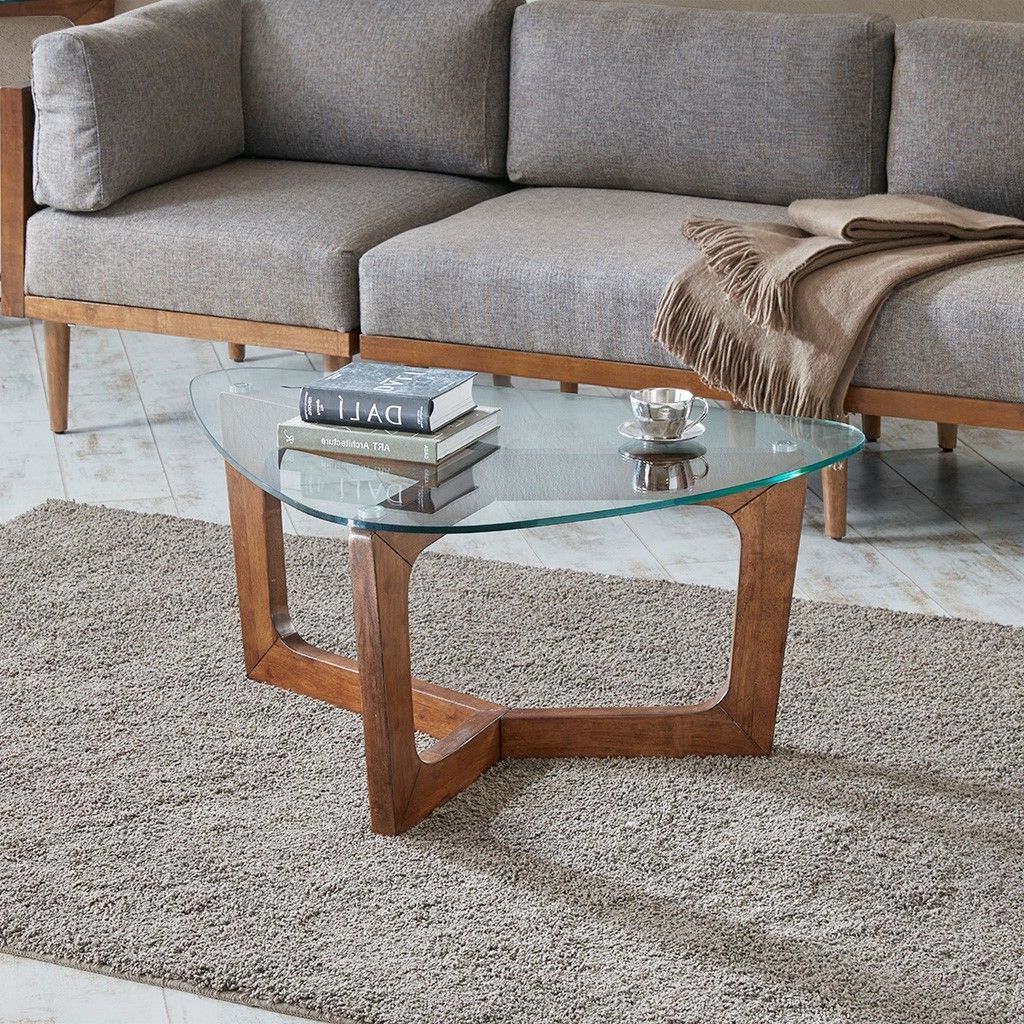 Walker Coffee Table Solid Wood, Glass, Pecan, Mid Century Modern Brown For 2019 Wood Coffee Tables (View 3 of 10)