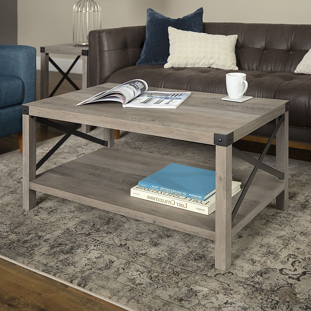 Walker Edison Rustic Farmhouse Wood Coffee Table Gray Wash Bbf40mxctgw In Most Recently Released Gray Wood Black Steel Coffee Tables (View 6 of 10)