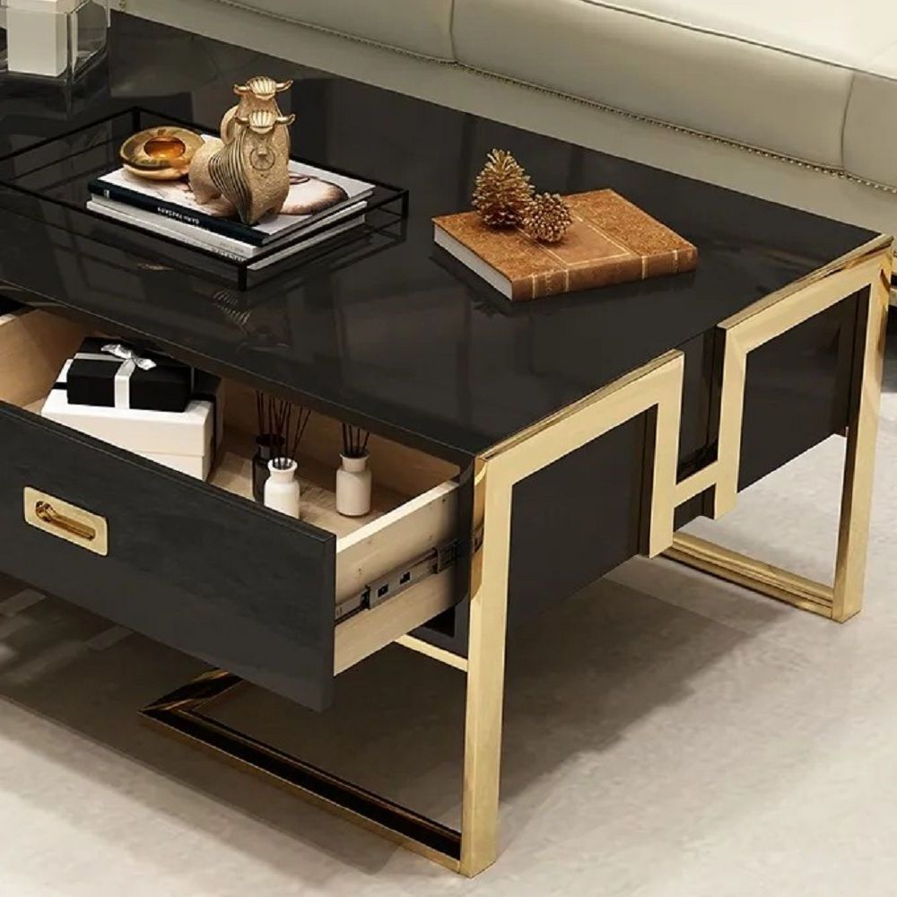 Walnut And Gold Rectangular Coffee Tables Throughout Well Liked Jocise Contemporary Black Rectangular Coffee Table With Drawers Lacquer (View 2 of 10)