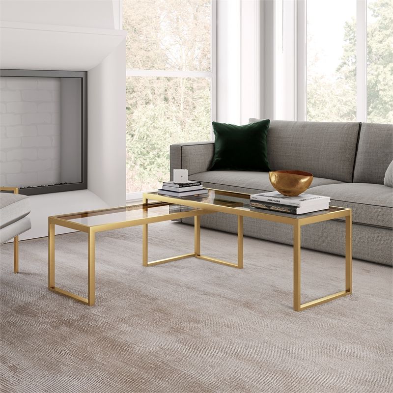 Walnut And Gold Rectangular Coffee Tables Within Most Current Henn&hart Metal Rectangle Nested Coffee Tables In Gold And Brass With (View 8 of 10)