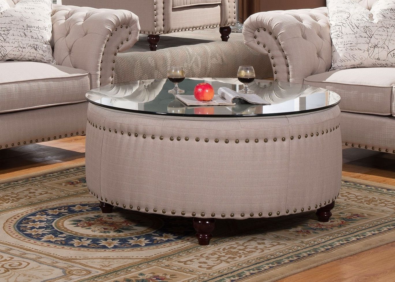 Walton Traditional Button Tufted Ottoman In Beige Fabric Upholstery Pertaining To Current Tufted Ottomans (View 9 of 10)