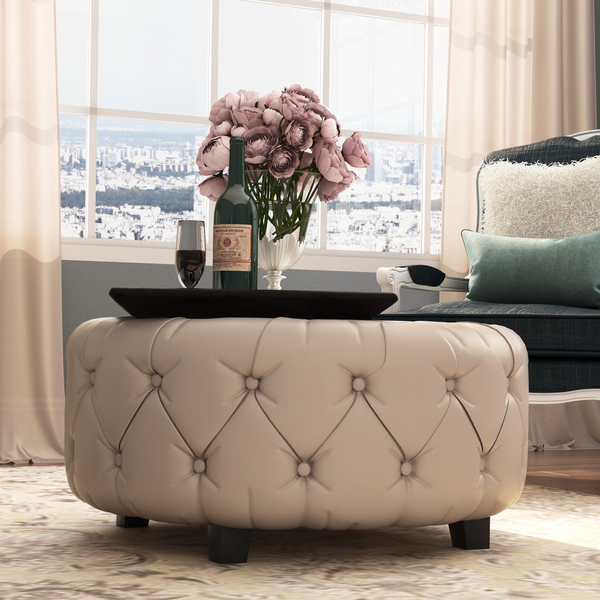Wayfair Within Current Brown Faux Leather Tufted Round Wood Ottomans (View 8 of 10)