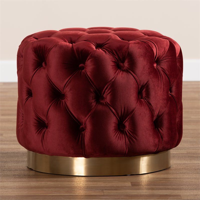 Well Known Baxton Studio Valeria Red Velvet Fabric Gold Finished Tufted Ottoman For Gold Chevron Velvet Fabric Ottomans (View 6 of 10)