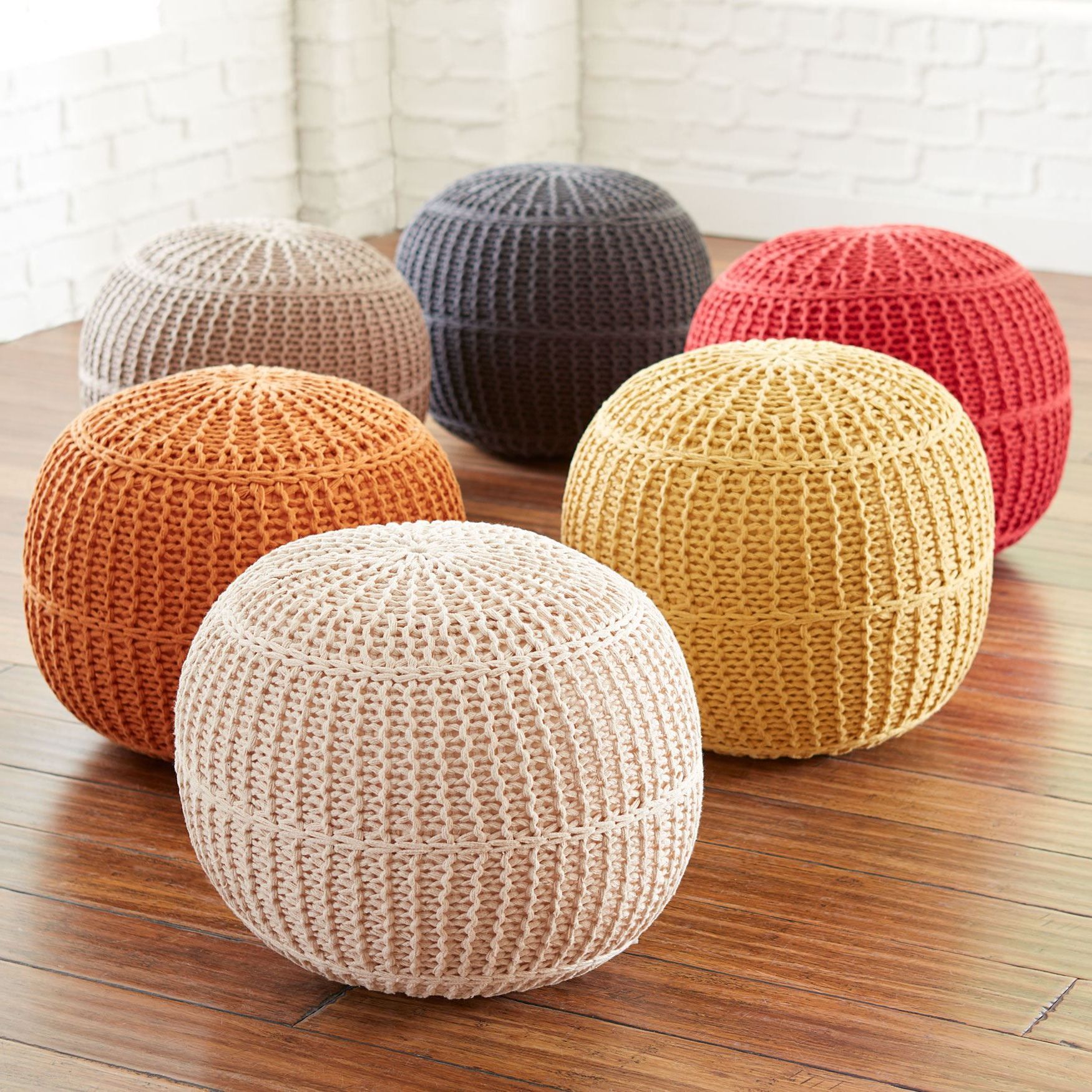 Well Known Cream Cotton Knitted Pouf Ottomans With Regard To Perfect For Propping Your Feet Up, This Hand Knit Cotton Pouf Is Filled (View 1 of 10)