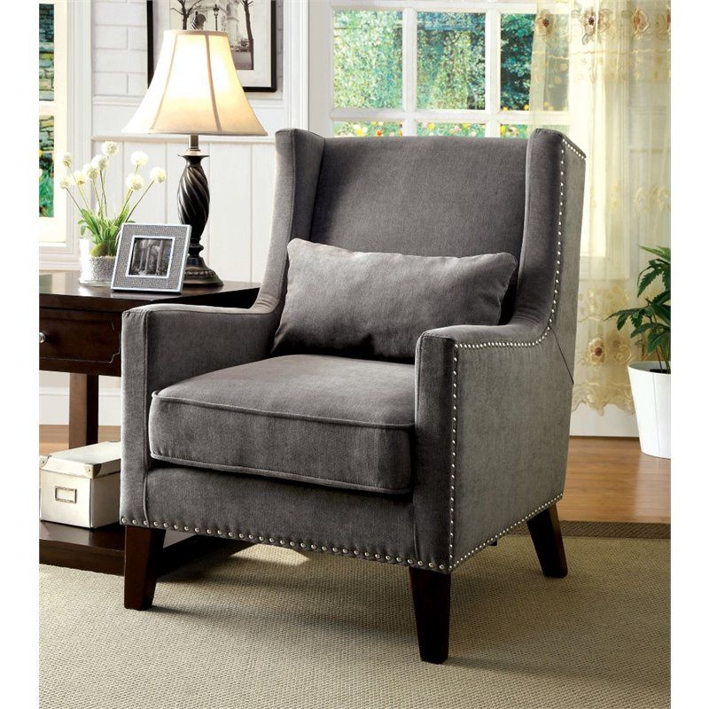 Well Known Furniture Of America Franklin Wood Wingback Nailhead Trim Accent Chair Pertaining To Smoke Gray Wood Accent Stools (View 5 of 10)