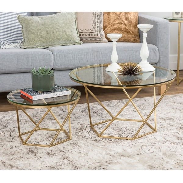 Well Known Geometric Glass Top Gold Coffee Tables Within Geometric Glass Nesting Coffee Tables – Free Shipping Today – Overstock (View 8 of 10)