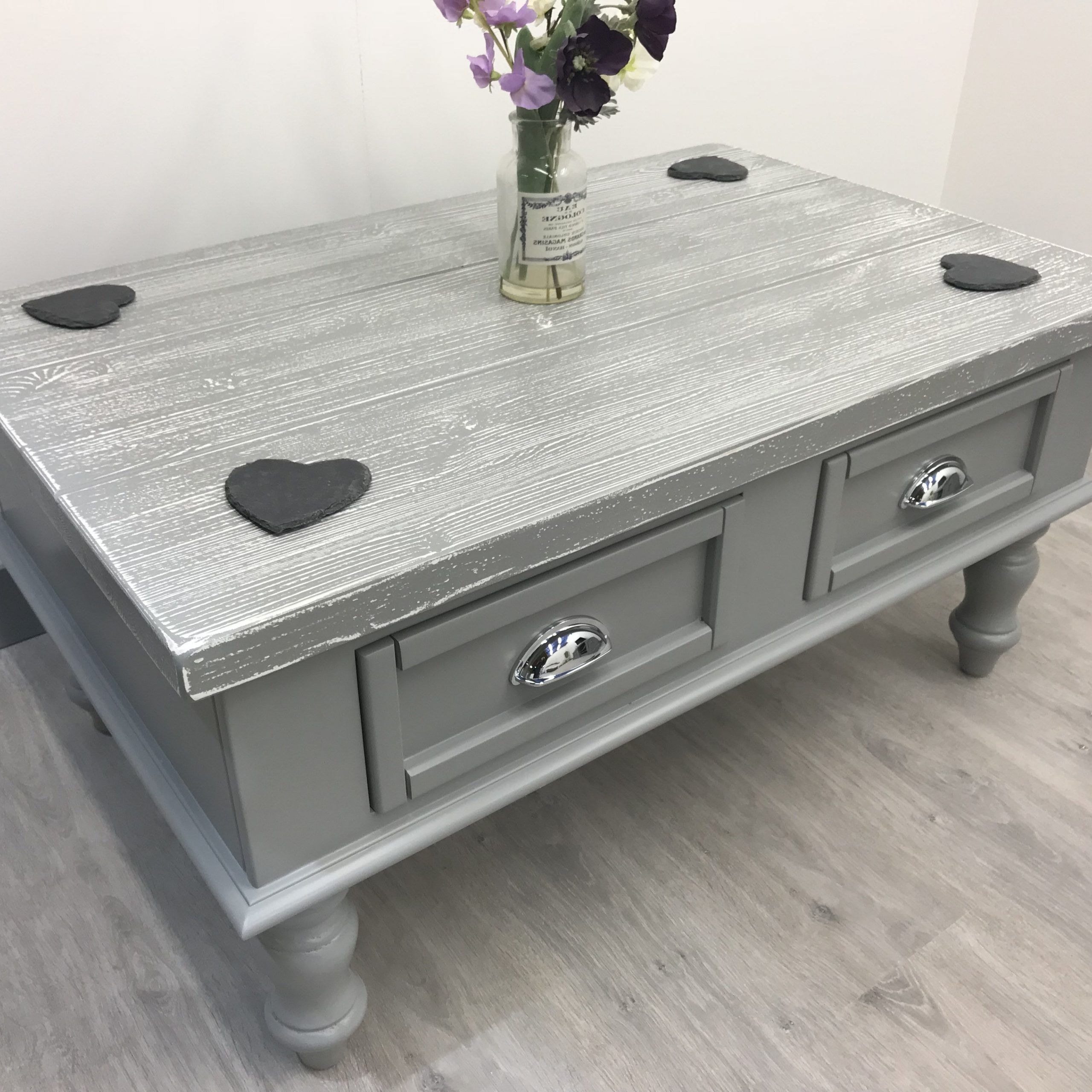 Well Known Gray Driftwood And Metal Coffee Tables Pertaining To 2 Draw Distressed Grey Coffee Table – Farmhouse Furniture Shop (View 10 of 10)