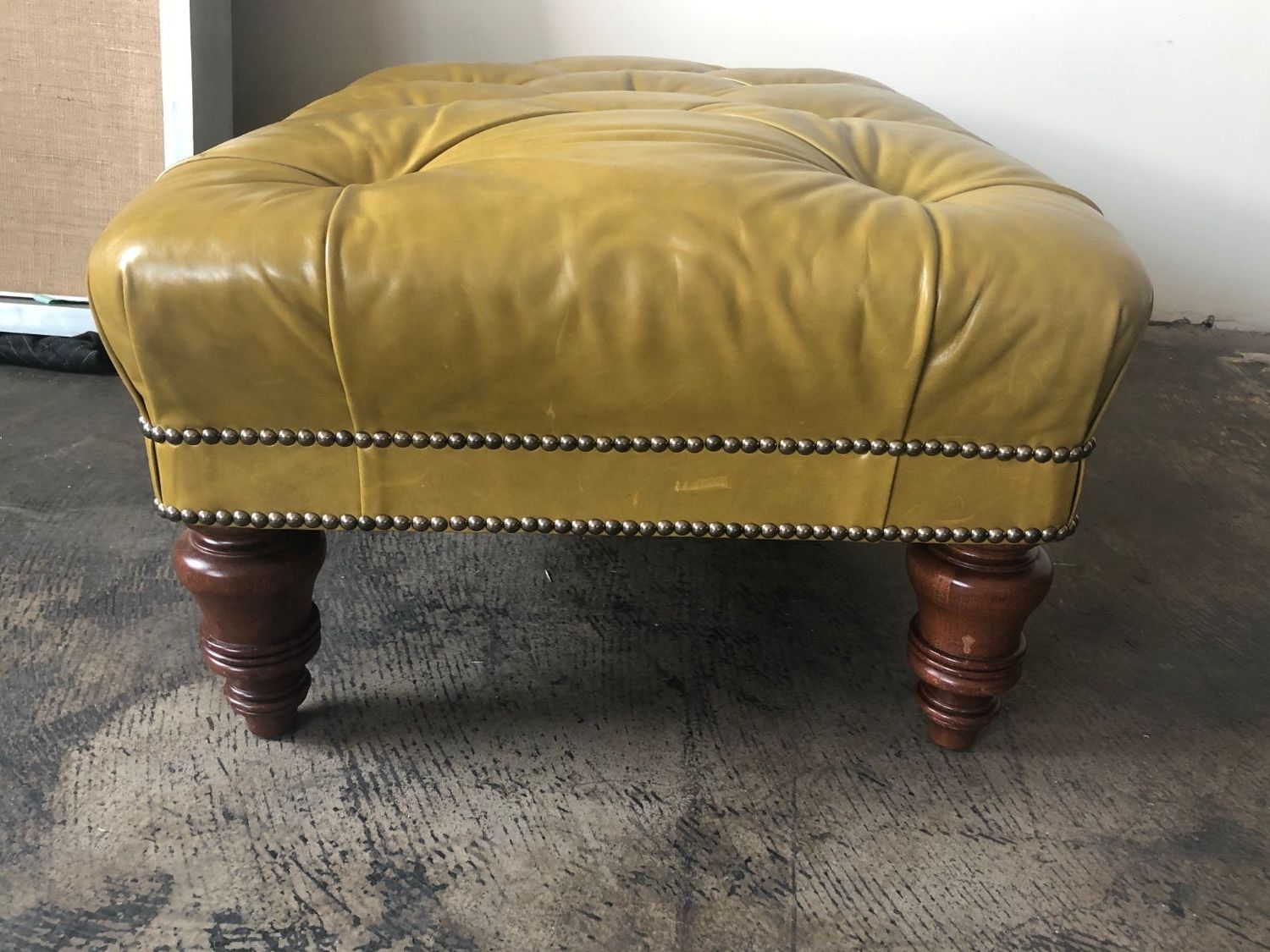 Well Known Leather Tufted Ottoman With Silver Nailheads • The Local Vault In Weathered Silver Leather Hide Pouf Ottomans (View 2 of 10)