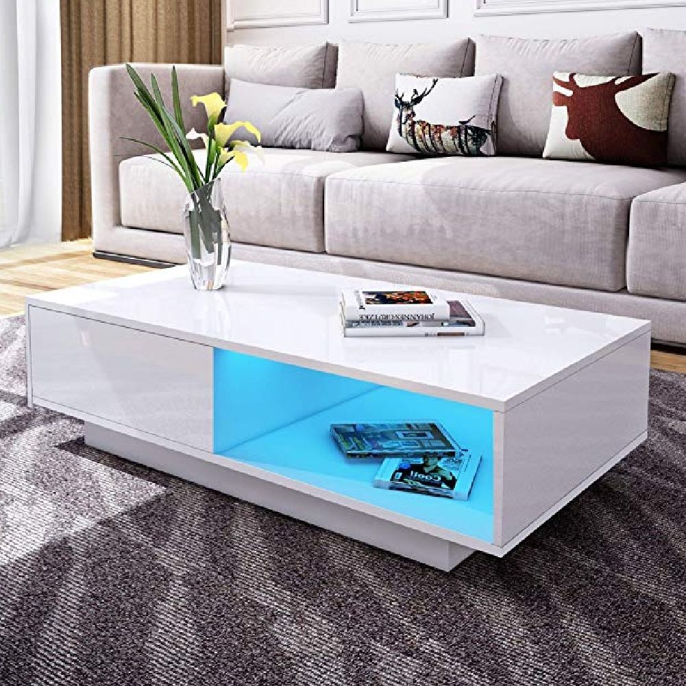 Well Known Living Room Table Modern White High Gloss Led Coffee Table With Drawer With Regard To Gloss White Steel Coffee Tables (View 1 of 10)