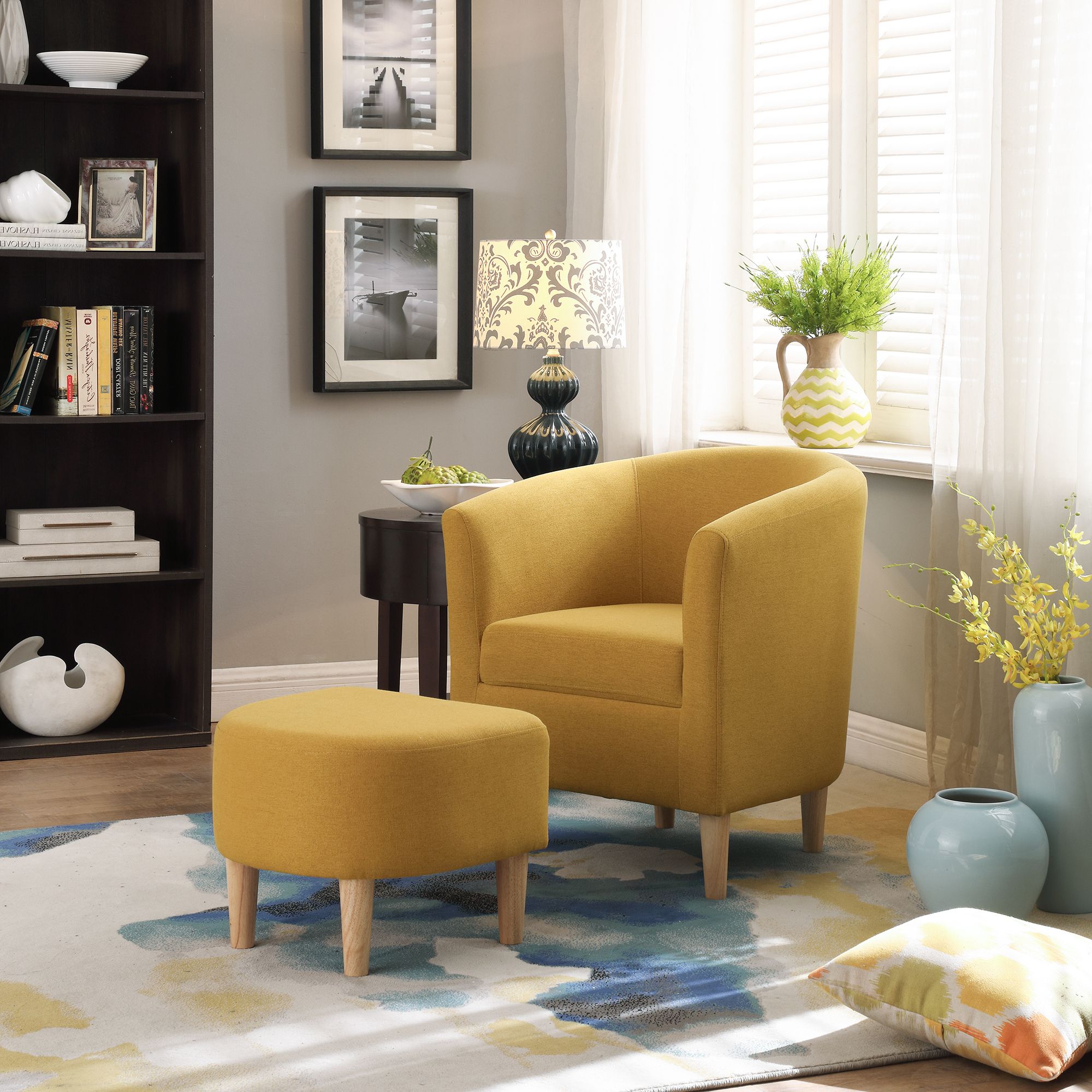 Well Known Modern Accent Arm Chair Upholstered Chair Fabric Single Sofa + Ottoman Inside Blue Fabric Lounge Chair And Ottomans Set (View 2 of 10)