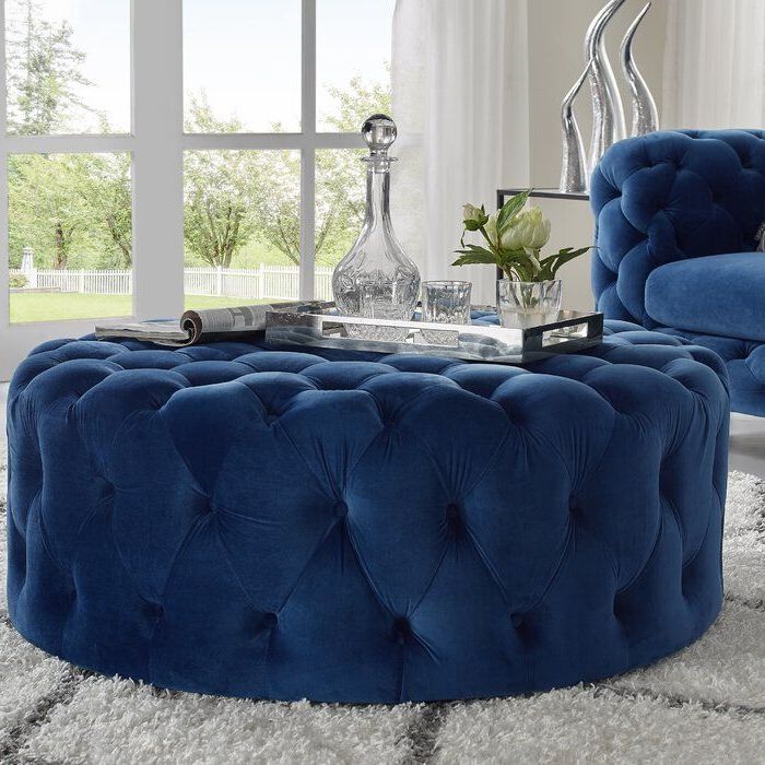 Well Known Royal Blue Tufted Cocktail Ottomans Intended For Koffler 42" Velvet Tufted Round Cocktail Ottoman In  (View 3 of 10)