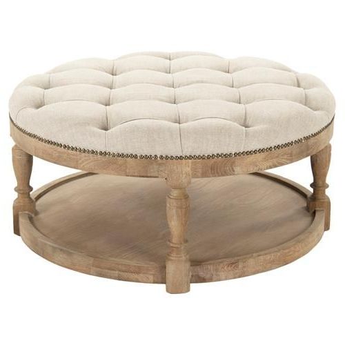 Well Known Talia French Country Grey Oak Linen Tufted Round Wood Coffee Table In Gray Fabric Round Modern Ottomans With Rope Trim (View 5 of 10)