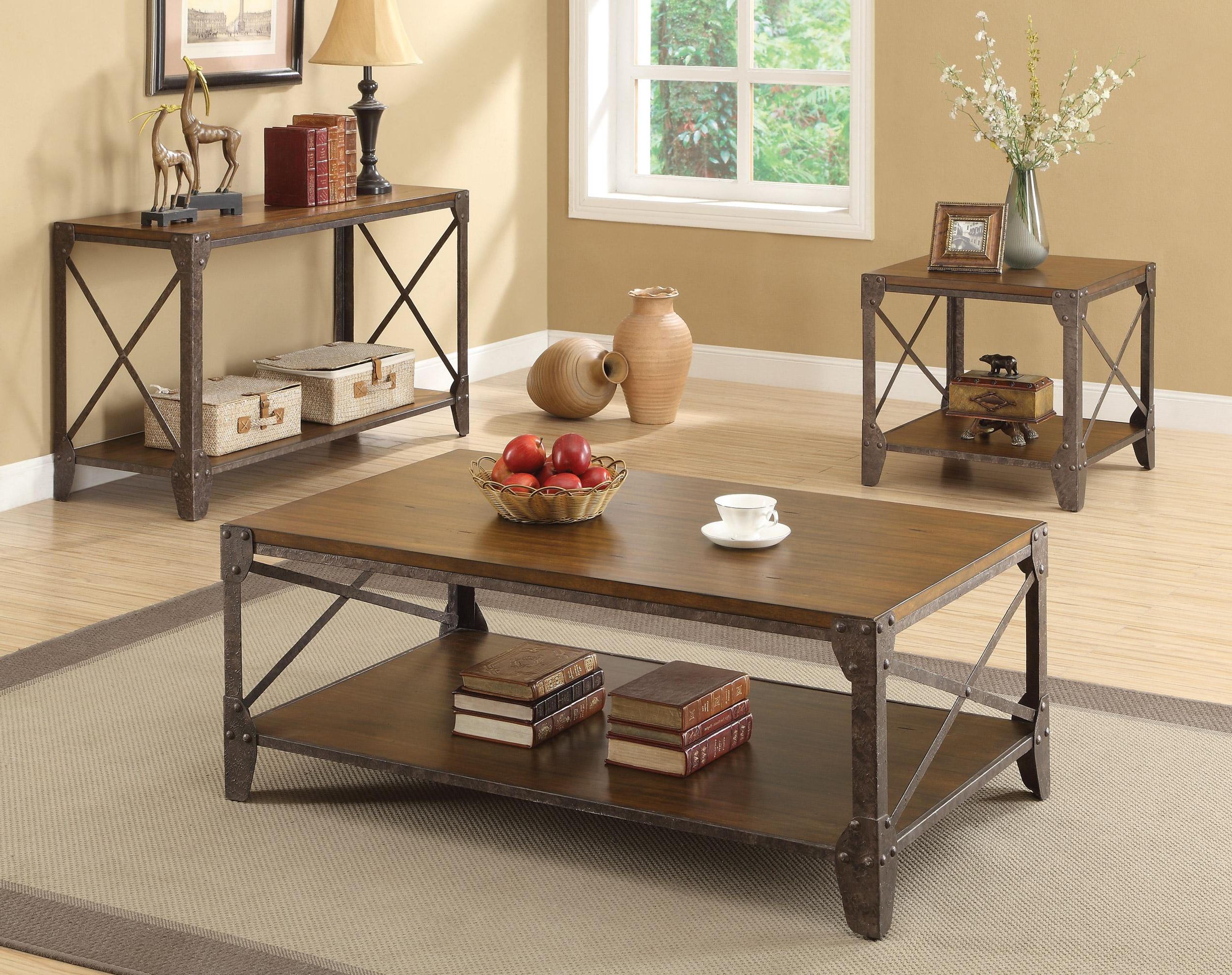 Well Known Traditional Brown Wood Metal Coffee Table Set W/shelf (View 8 of 10)