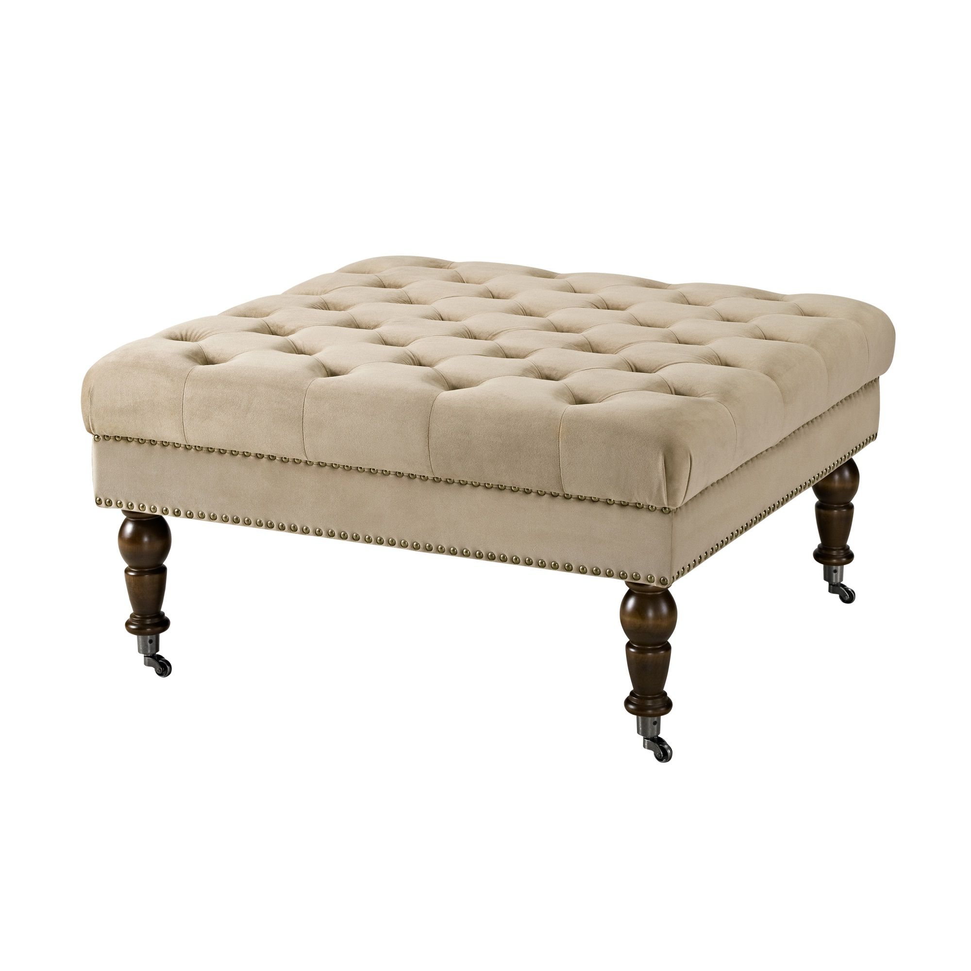 Well Liked Brown And Gray Button Tufted Ottomans Within Velvet Upholstered Square Tufted Ottoman With Casters, Beige And Brown (View 7 of 10)