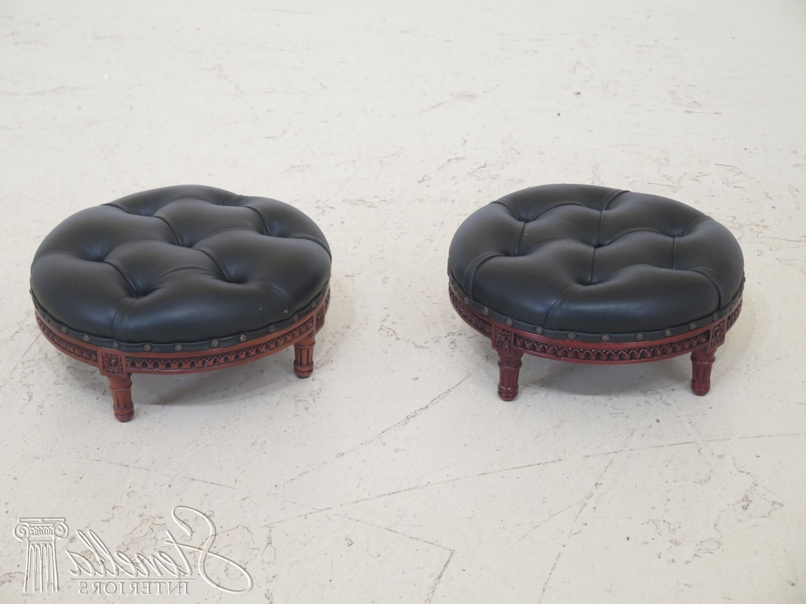Well Liked F31341ec: Pair Round Tufted Black Leather Ottoman Or Stools Throughout Black Leather And Bronze Steel Tufted Ottomans (View 5 of 10)