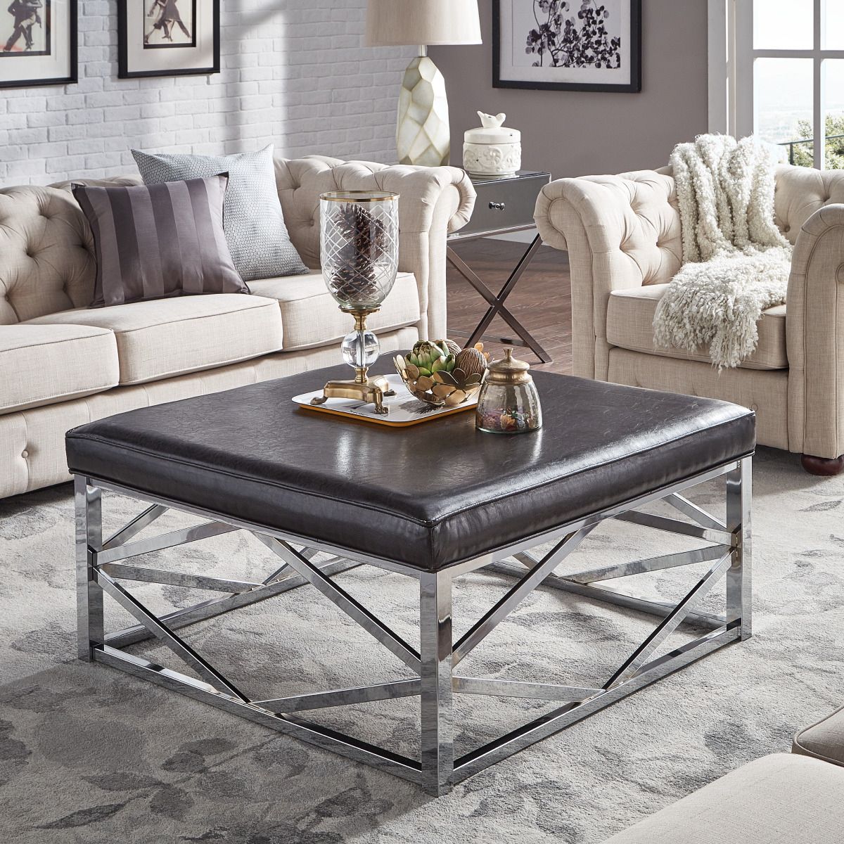Weston Home Libby Smooth Top Cushion Ottoman Coffee Table With Chrome Inside Widely Used Chrome Metal Ottomans (View 1 of 10)