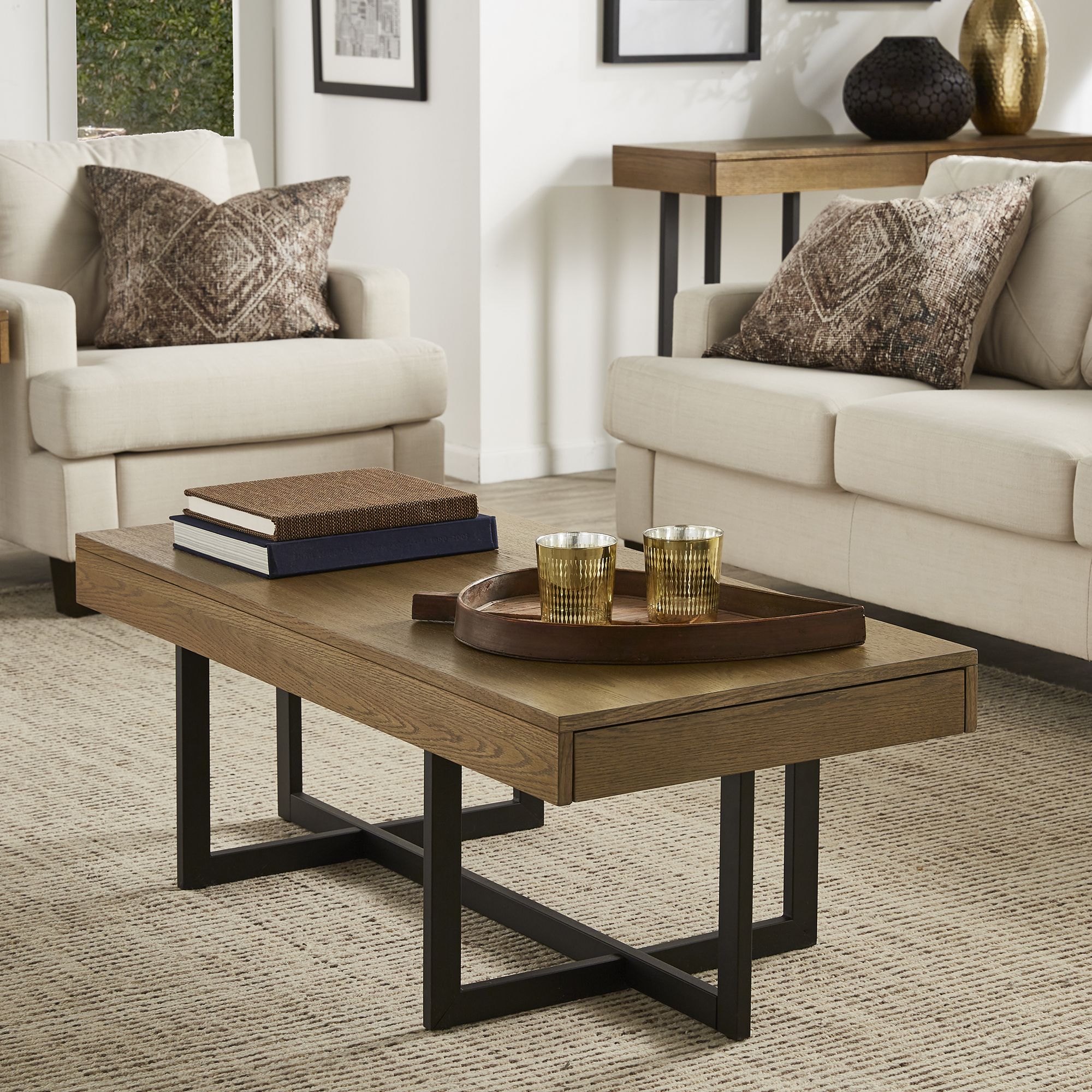 Weston Home Nadian Wood And Black Metal Two Drawers Coffee Table, Oak In Current Swan Black Coffee Tables (View 5 of 10)