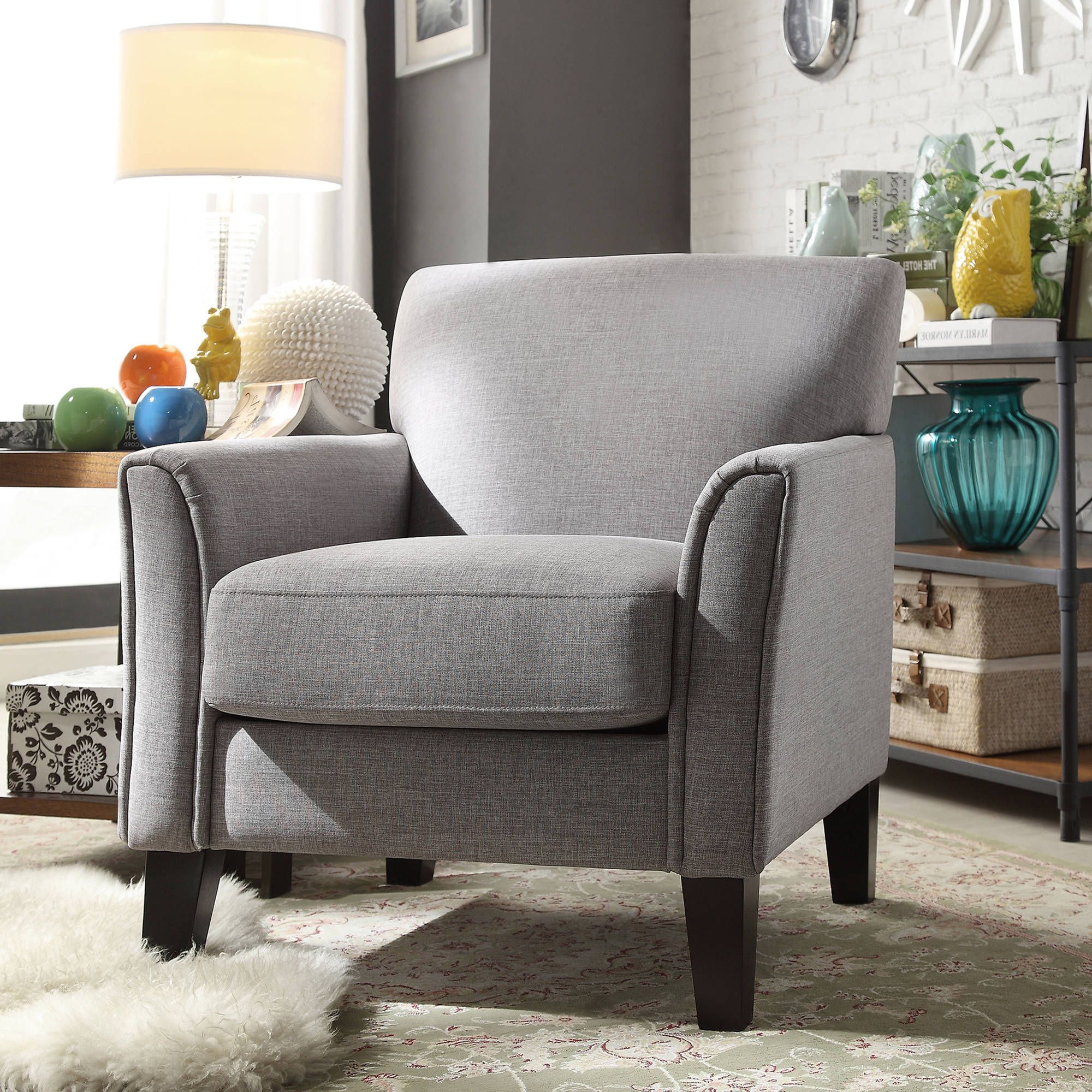 Weston Home Tribeca Living Room Upholstered Accent Chair, Grey Linen In Preferred Smoke Gray Wood Accent Stools (View 1 of 10)