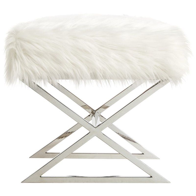 White Faux Fur And Gold Metal Ottomans Throughout Famous Colin White Faux Fur Ottoman – Stainless Steel – Chrome X Legs (View 8 of 10)
