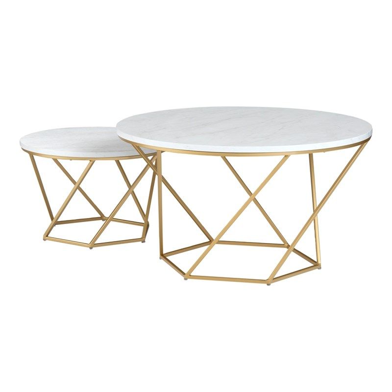 White Geometric Coffee Tables Pertaining To Most Recent Modern Geometric Nesting Coffee Tables In Gold With White Faux Marble (View 3 of 10)