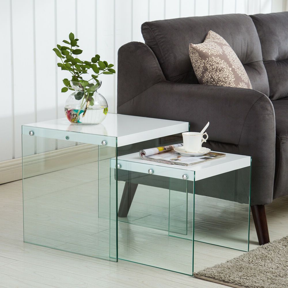 White Gloss And Maple Cream Coffee Tables With Regard To 2020 Modern Nest Of 2 High Gloss White Wood Glass Coffee Table Living Room (View 5 of 10)