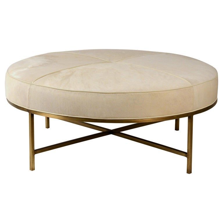 White Hide And Patinated Brass 'tambour' Ottomandesign Frères Throughout Trendy Modern Gibson White Small Round Ottomans (View 5 of 10)
