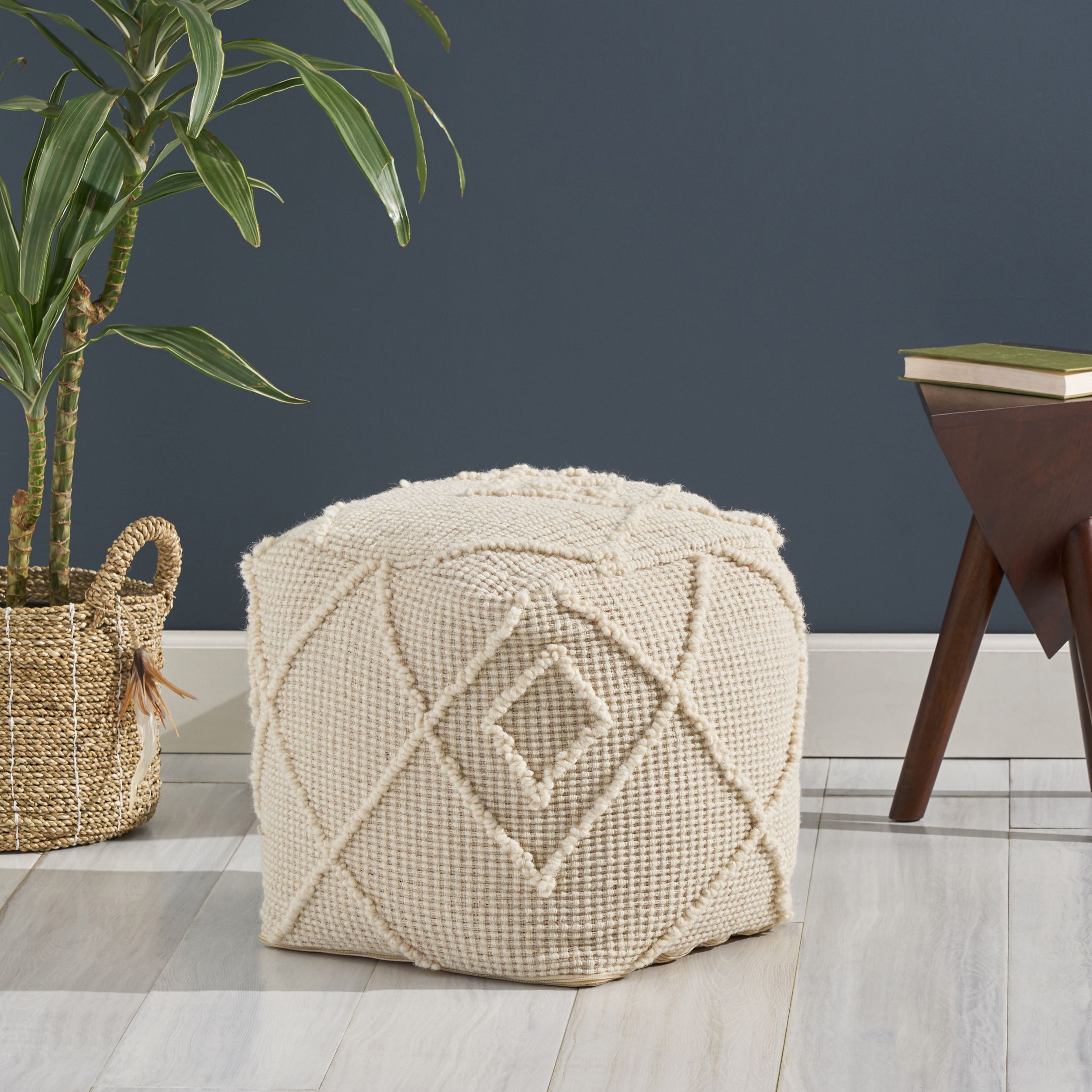 White Ivory Wool Pouf Ottomans Within 2020 Noble House Cube Geometric Woven Wool Pouf, Off White – Walmart (View 5 of 10)