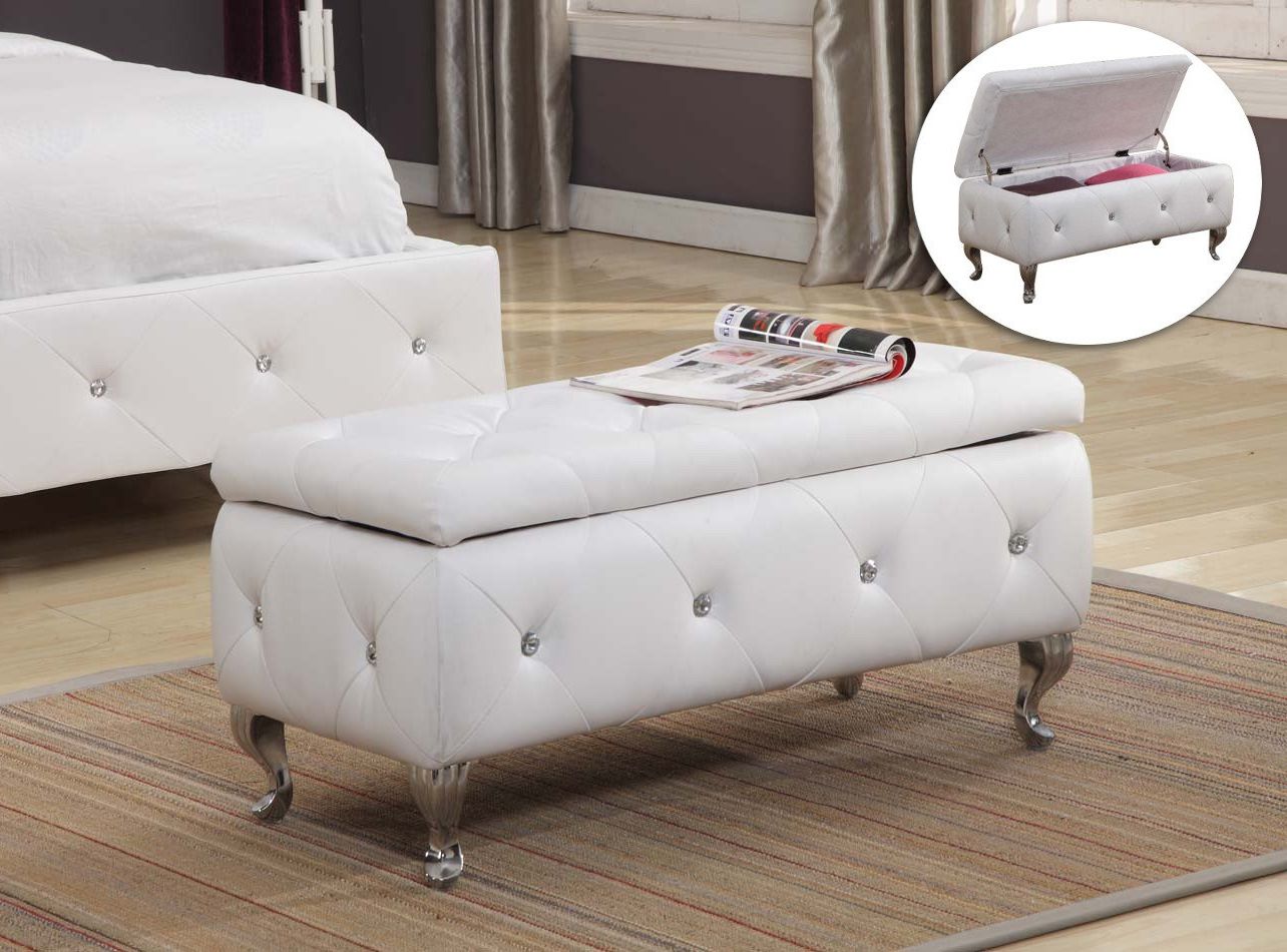 White Leather Ottomans Intended For Best And Newest White Modern Leather Storage Ottoman Footstool Crystal Button Tufted (View 3 of 10)