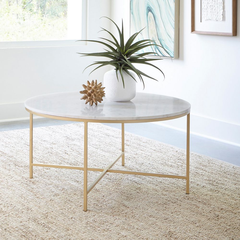 White Marble And Gold Coffee Tables Regarding Most Popular Ailbhe White Marble/gold Finish Metal Round Coffee Tablecoaster (View 3 of 10)