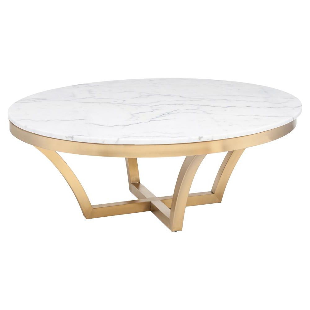 White Marble Gold Metal Coffee Tables Within Famous Amelia Hollywood Regency Round White Marble Top Gold Base Round Coffee (View 4 of 10)