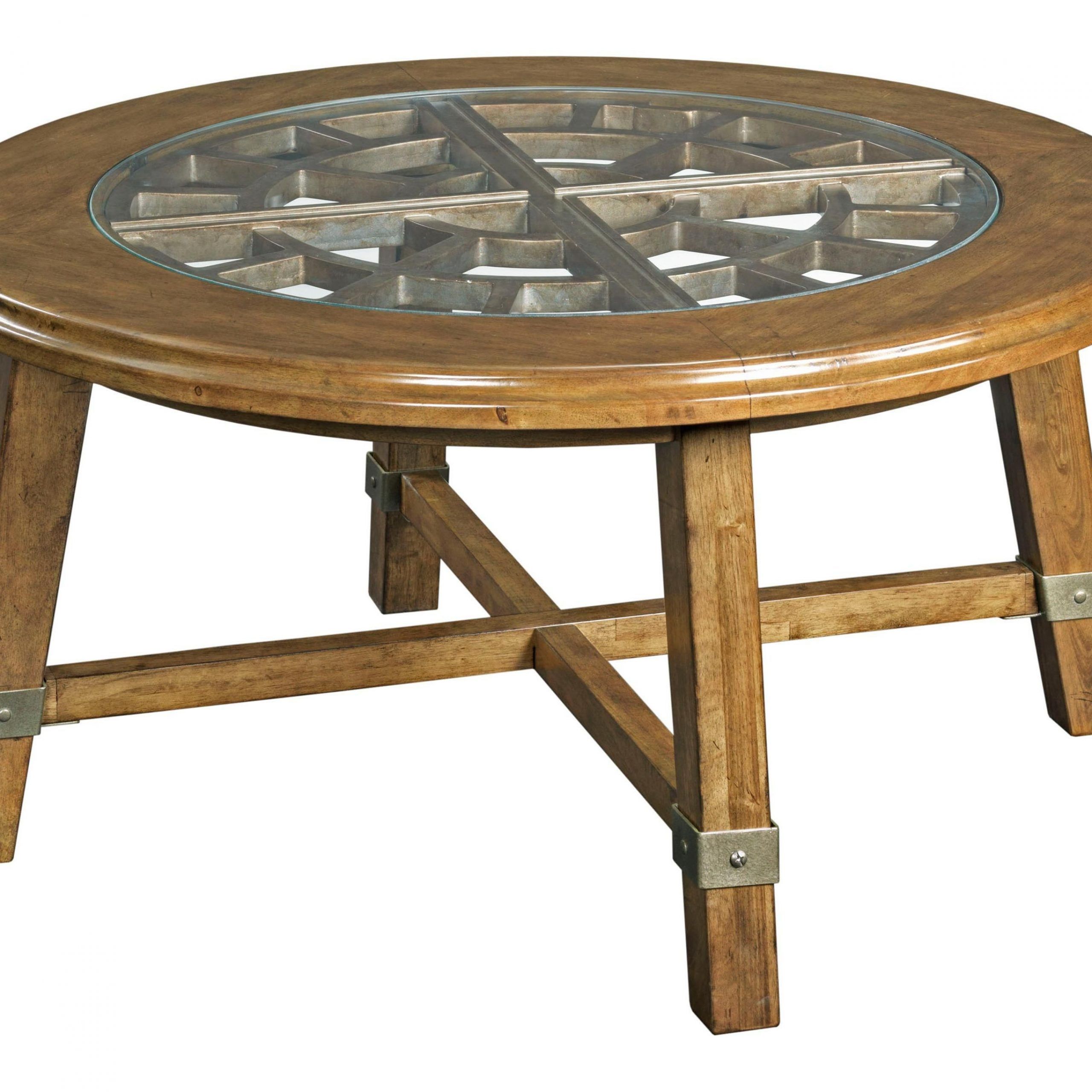 Widely Used Antique Brass Round Cocktail Tables Regarding A Mix Of Metal, Glass, And Wood Materials Give This Round Grid Cocktail (View 1 of 10)