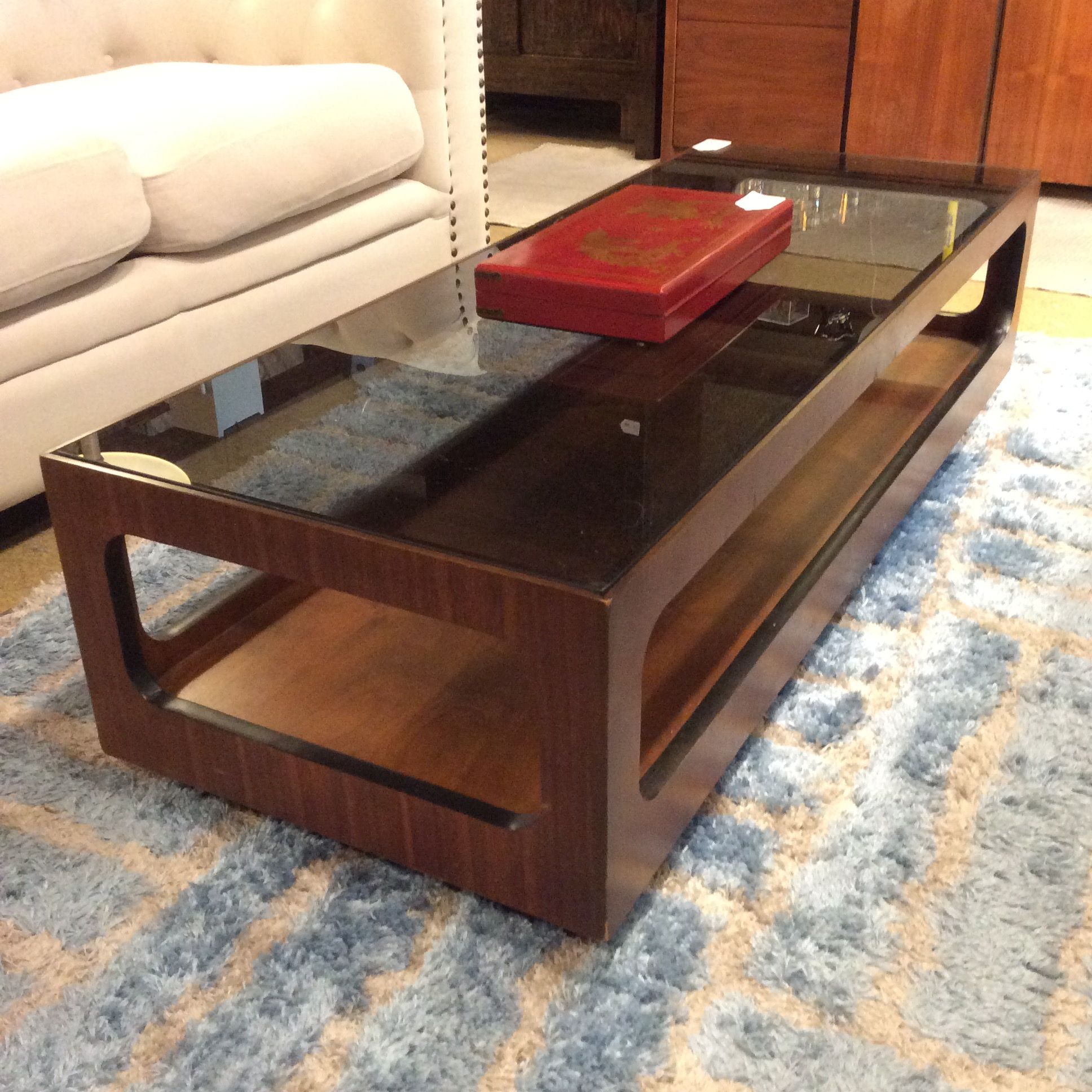 Widely Used Smoke Glass Rectangular Coffee Table Sold – Ballard Consignment In Walnut And Gold Rectangular Coffee Tables (View 1 of 10)