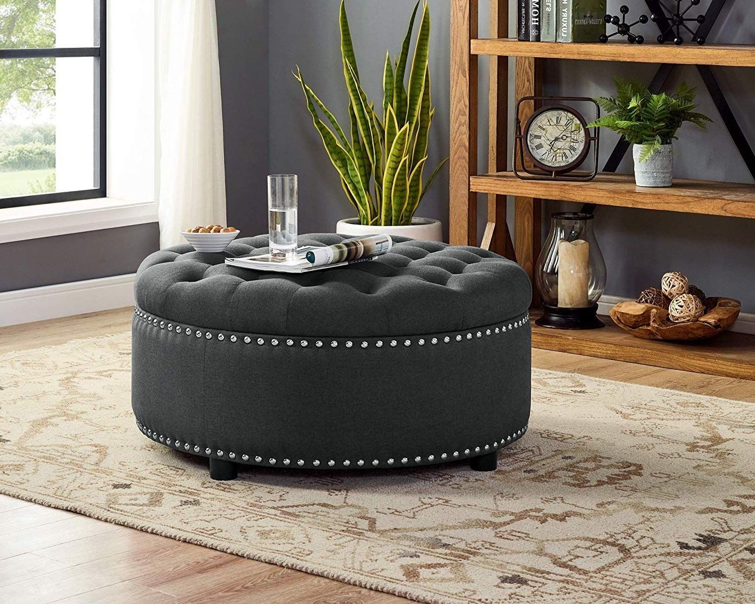 Widely Used Smoke Gray  Round Ottomans Throughout Dazone Round Storage Ottoman, Fabric Upholstered Nailhead Studded (View 3 of 10)