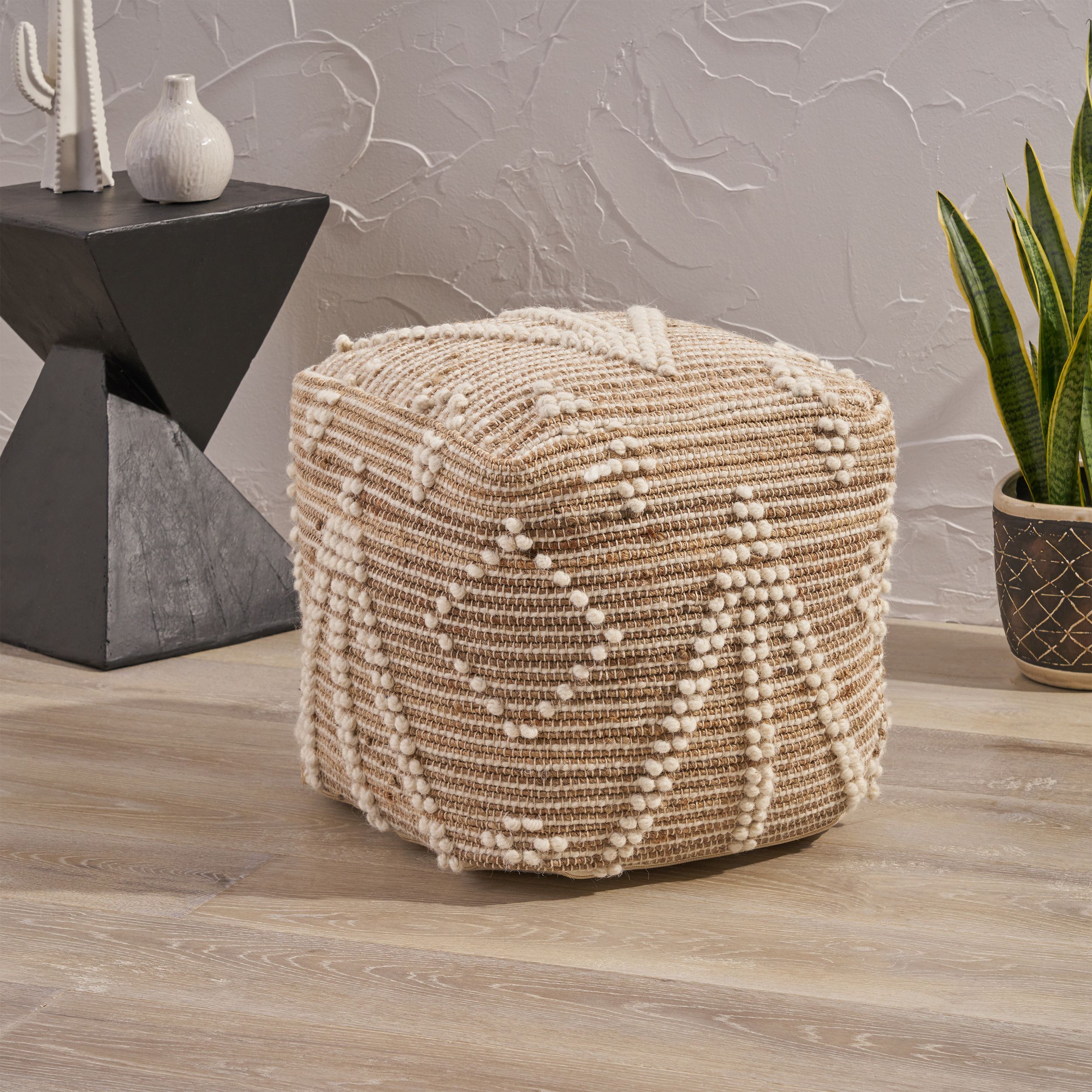 Widely Used White Ivory Wool Pouf Ottomans Inside Honey Boho Wool And Cotton Ottoman Pouf, Natural And Ivory – Walmart (View 1 of 10)