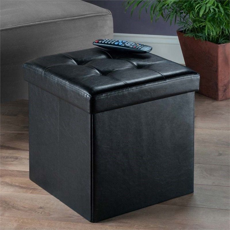 Winsome Ashford Faux Leather Storage Cube Ottoman In Black – 20415 Intended For Favorite Black Faux Leather Ottomans With Pull Tab (View 7 of 10)