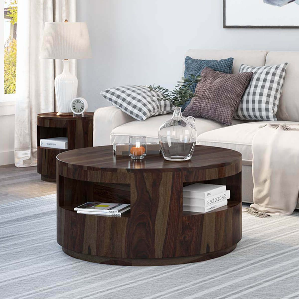 Wood Coffee Tables In Famous Ladonia Rustic Solid Wood Round Coffee Table With Shelves (View 7 of 10)