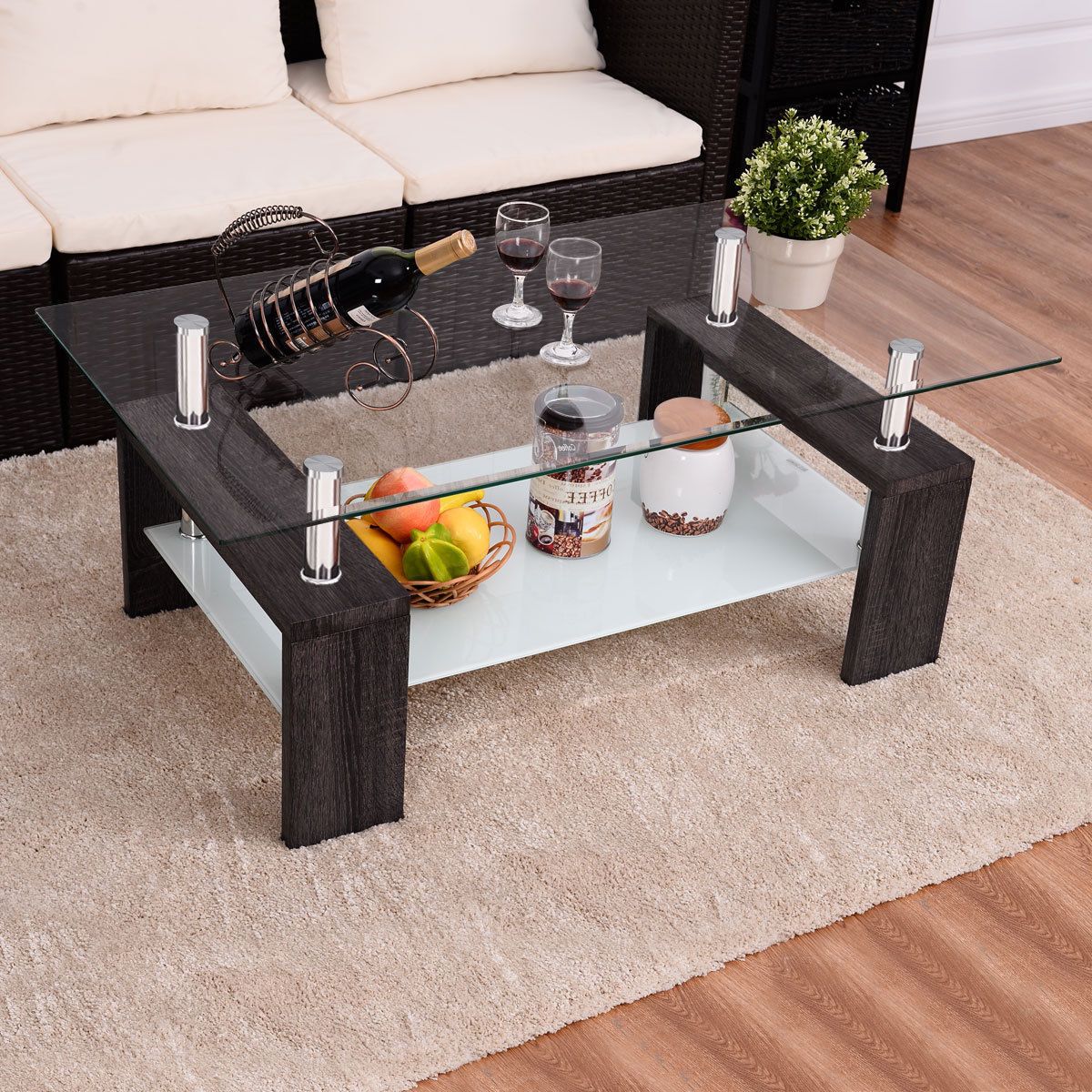 Wood Rectangular Coffee Tables For Widely Used Wood Tempered Glass Top Coffee Table Rectangular W/ Shelf Home (View 4 of 10)