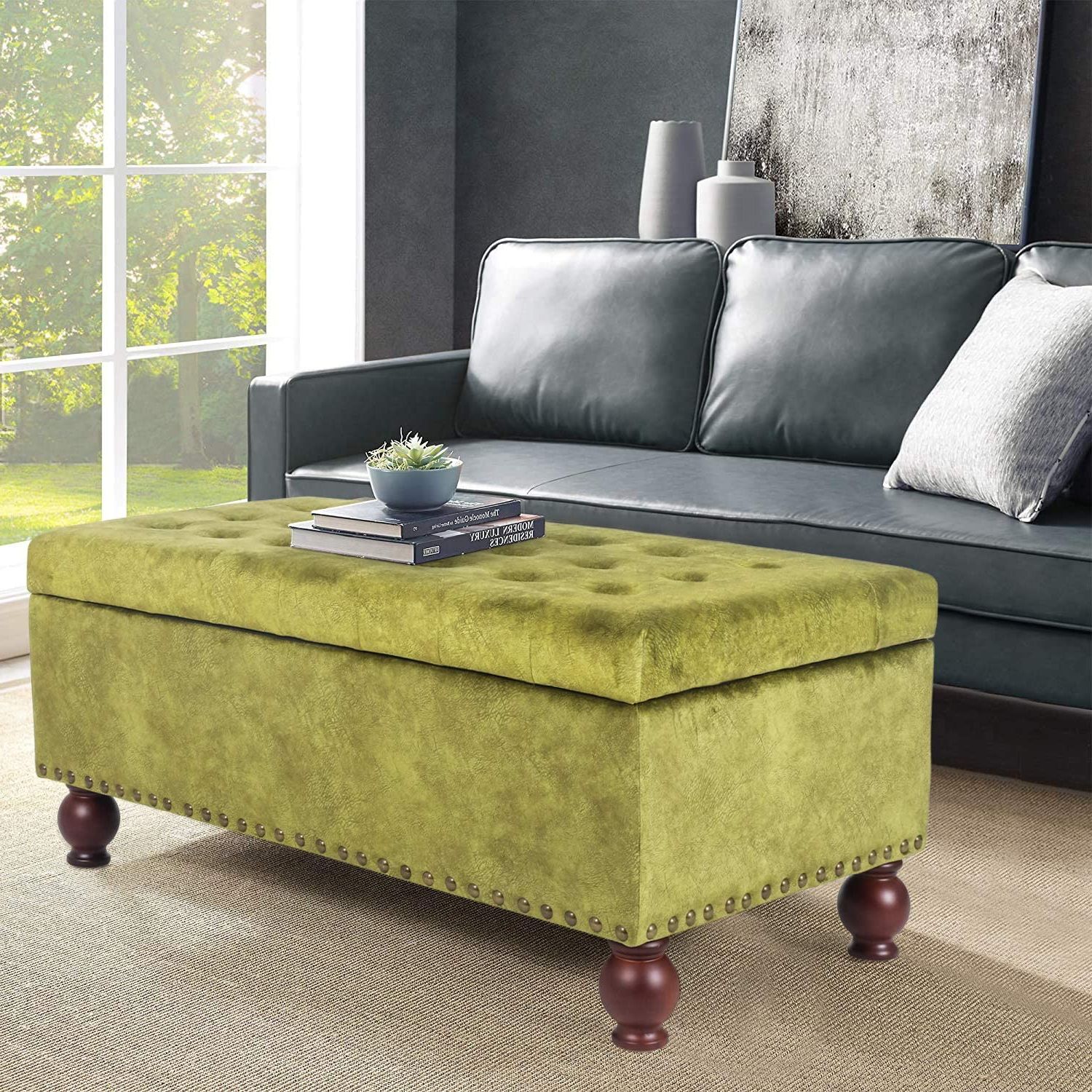 Wooden Legs Ottomans In Most Up To Date Homebeez Linen Fabric Rectangle Tufted Lift Top Storage Ottoman Bench (View 6 of 10)