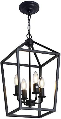 2019 Black Iron Lantern Chandeliers Pertaining To 4 Light Black Farmhouse Chandelier Iron Lantern Pendant Light Rustic Cage  Hanging Light Fixtures Industrial Foyer Lights For Kitchen Island Dining  Room Hallway Foyer Entryway – – Amazon (View 2 of 10)