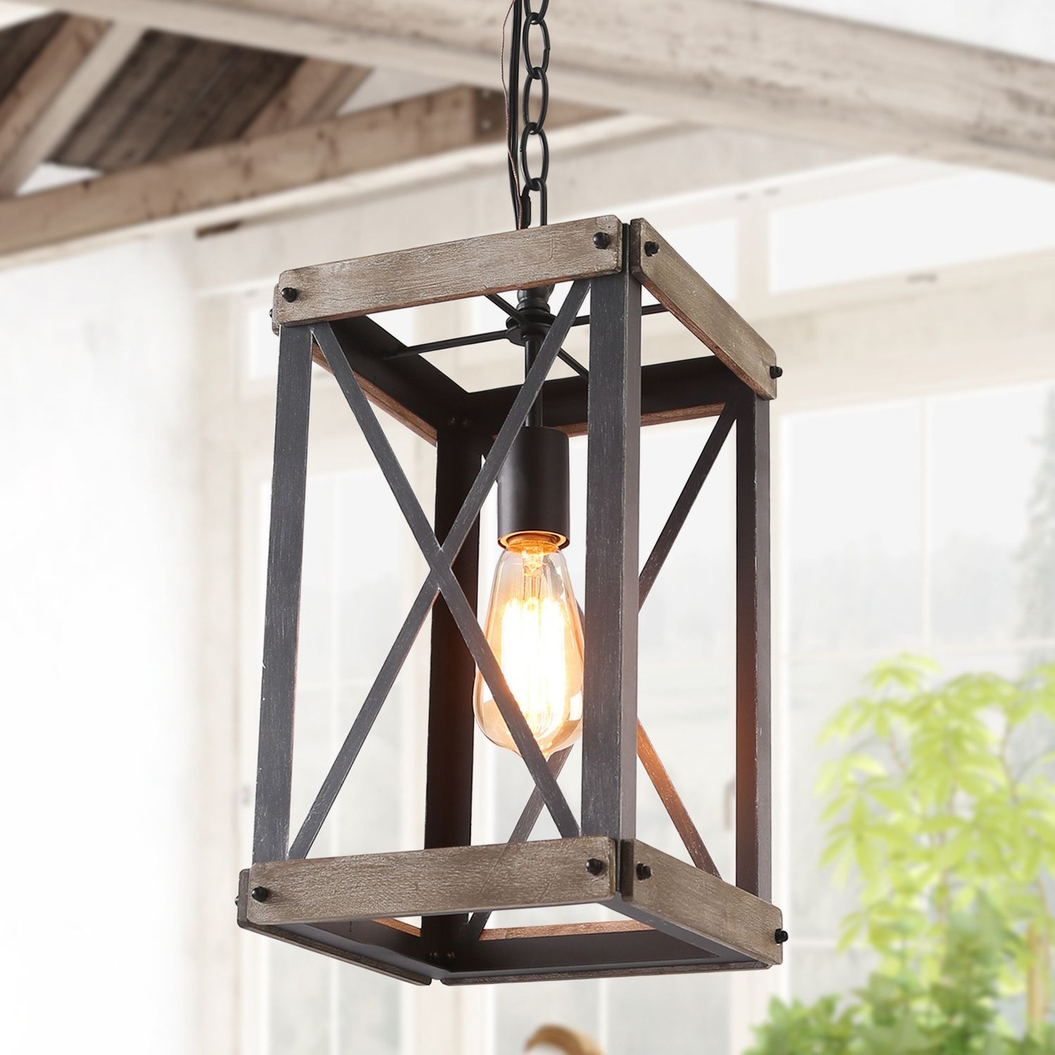 2020 Rustic Black Lantern Chandeliers With Regard To Lnc Laius Solid Pine Wood And Matte Black Farmhouse Lantern Led Mini  Kitchen Island Light In The Pendant Lighting Department At Lowes (View 9 of 10)
