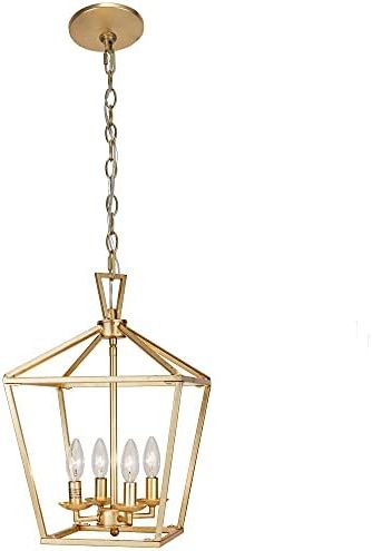 2020 Untrammelife 4 Light Aged Gold Lantern Pendant Light, Adjustable Height  Metal Geometric Light Fixture 12'' Classic Cage Lantern Chandelier For  Kitchen Island Hallway, Hand Pasted Gold Foil Finish – – Amazon Within Gold Leaf Lantern Chandeliers (View 1 of 10)