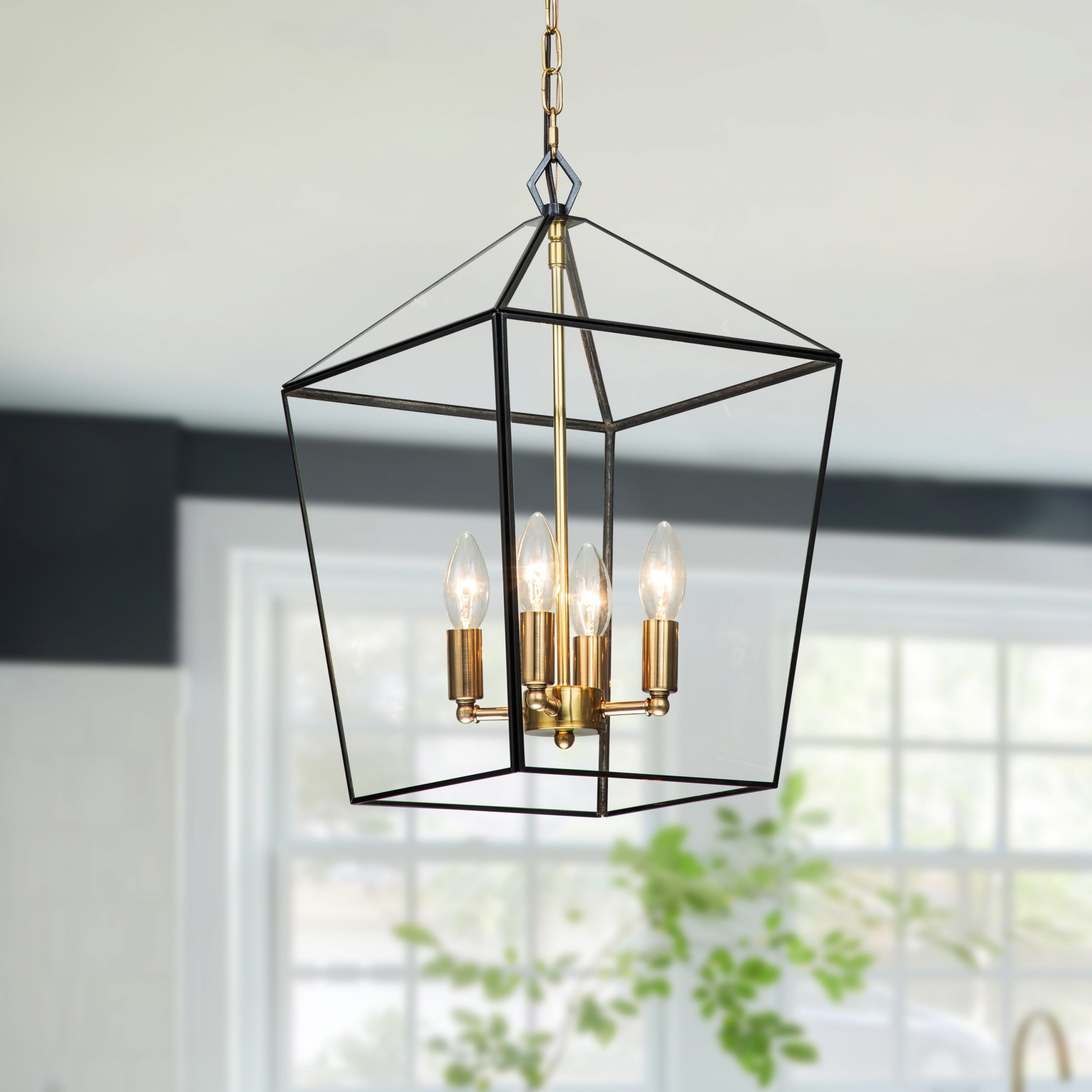 4 Light Brass Lantern Pendant With Clear Tempered Glass Panes – W12" X E12"  X H (View 10 of 10)