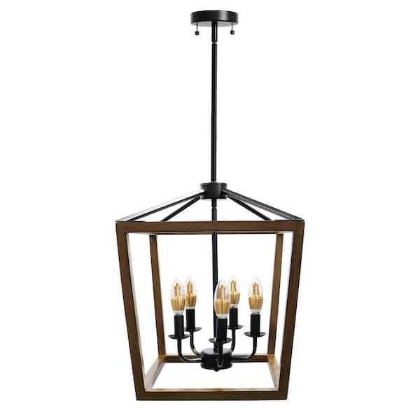 5 Light Walnut And Black Rustic Classic Lantern Chandelier Pendant Light  With Oak Wood And Iron Ec Clw 6012 – The Home Depot Pertaining To Current Rustic Black Lantern Chandeliers (View 10 of 10)